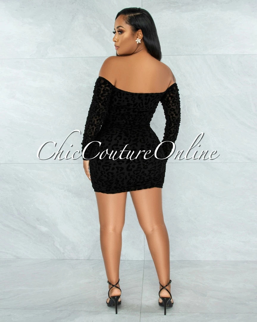 Vendor-unknown JUST IN Obiona Black Leopard Velvet Print Ruched Mesh Dress