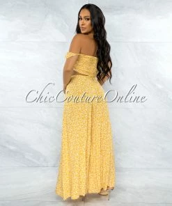 Vendor-unknown JUST IN Yanka Yellow White Floral Print Crop Top & Wide Pants Set