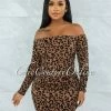 Vendor-unknown JUST IN Obiona Mocha Leopard Velvet Print Ruched Mesh Dress