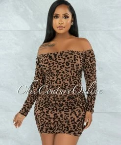 Vendor-unknown JUST IN Obiona Mocha Leopard Velvet Print Ruched Mesh Dress