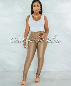 Vendor-unknown JUST IN Eldone Camel Faux Leather High-Waist Pants