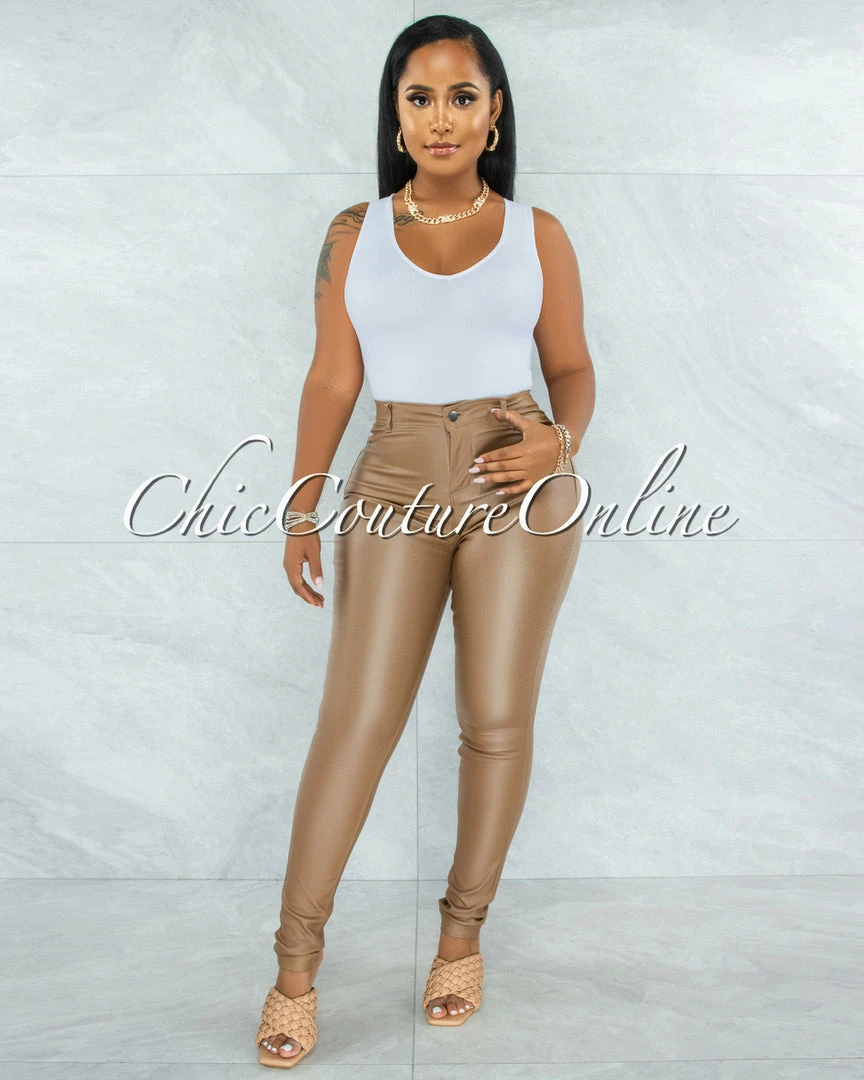 Vendor-unknown JUST IN Eldone Camel Faux Leather High-Waist Pants