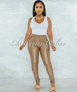 Vendor-unknown JUST IN Eldone Camel Faux Leather High-Waist Pants