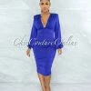 Vendor-unknown Tracy Berry Blue Ruched Sides Deep-V Neckline Midi Dress JUST IN