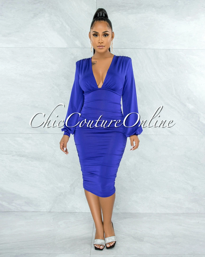 Vendor-unknown Tracy Berry Blue Ruched Sides Deep-V Neckline Midi Dress JUST IN