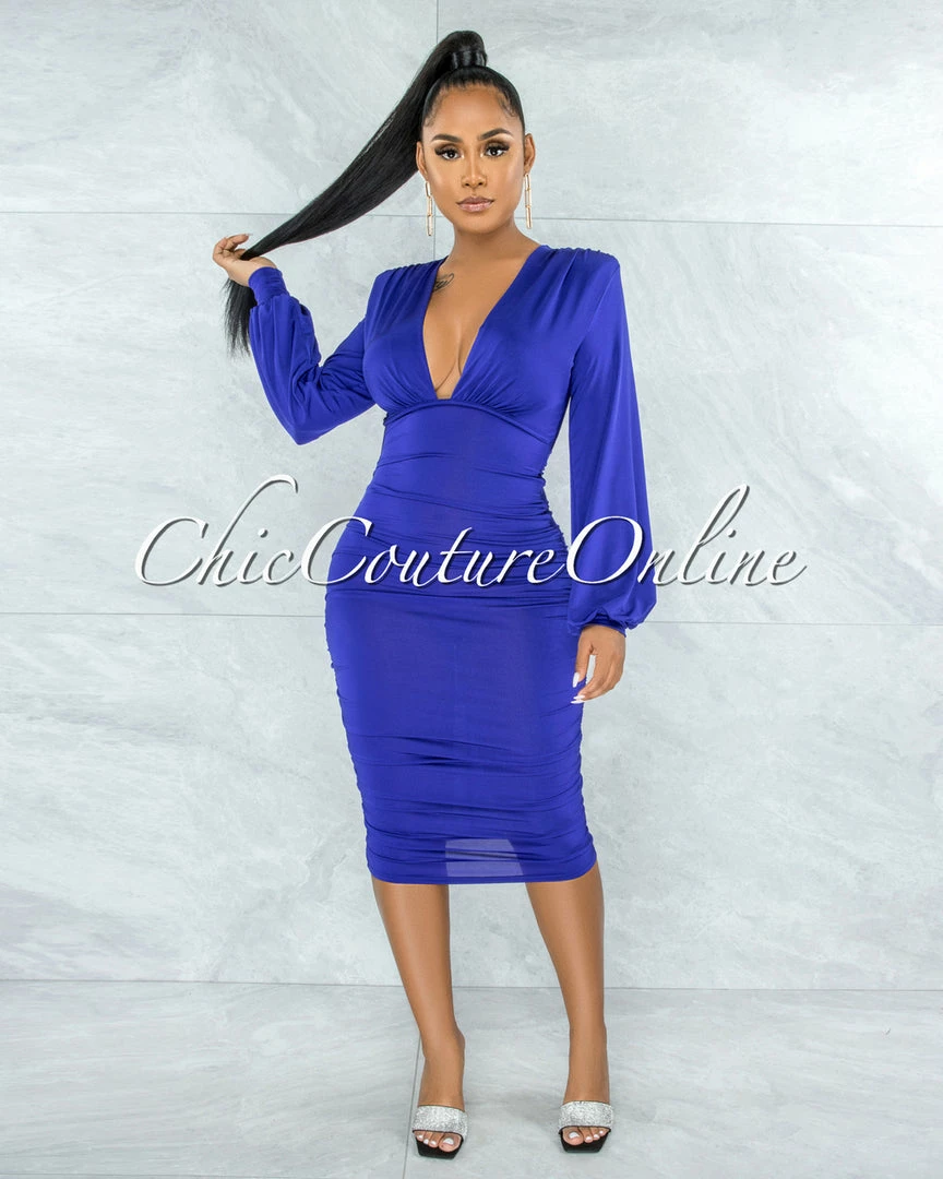 Vendor-unknown Tracy Berry Blue Ruched Sides Deep-V Neckline Midi Dress JUST IN