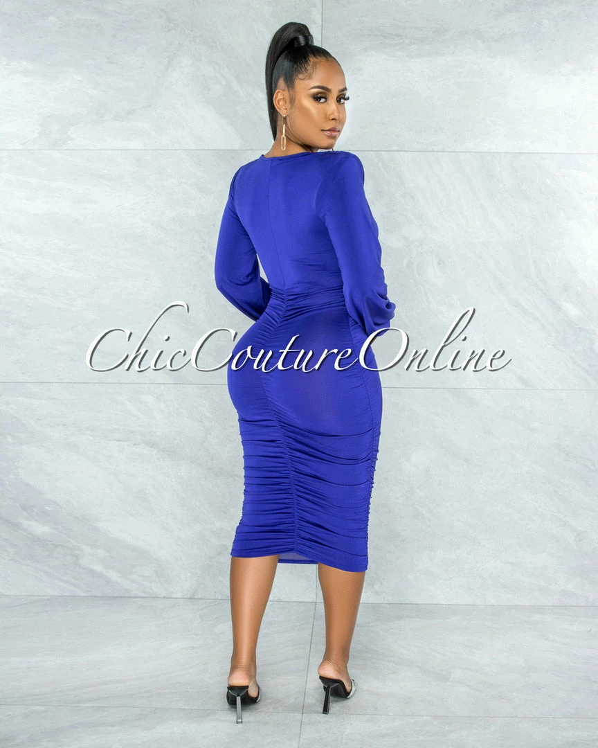 Vendor-unknown Tracy Berry Blue Ruched Sides Deep-V Neckline Midi Dress JUST IN