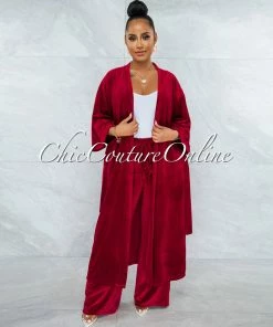 Vendor-unknown Estela Burgundy Velvet Duster & Pants Set CLOTHING