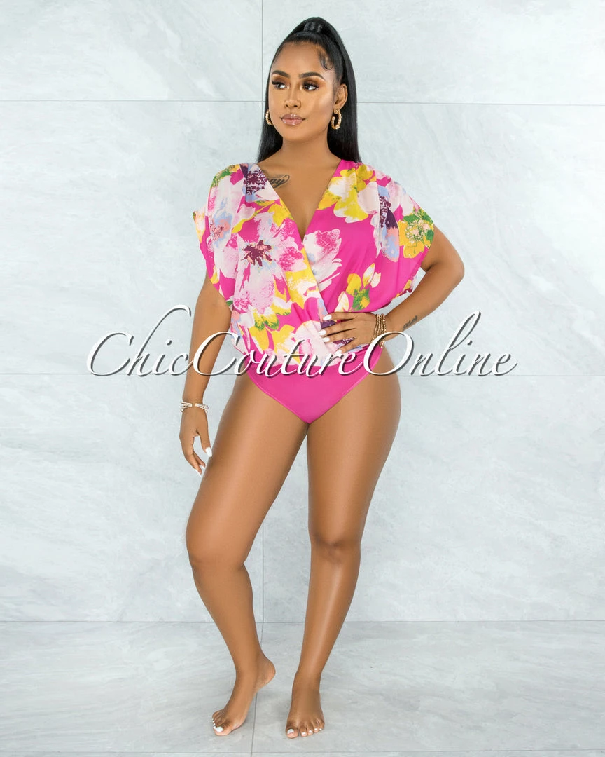 Vendor-unknown JUST IN Luan Pink Multi-Color Floral Print Ruched Sleeves Bodysuit
