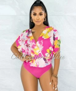 Vendor-unknown JUST IN Luan Pink Multi-Color Floral Print Ruched Sleeves Bodysuit