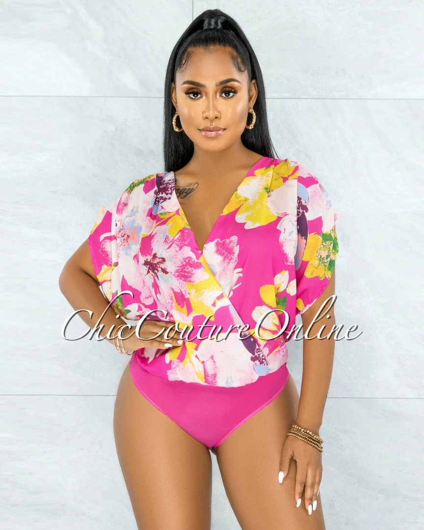 Vendor-unknown JUST IN Luan Pink Multi-Color Floral Print Ruched Sleeves Bodysuit