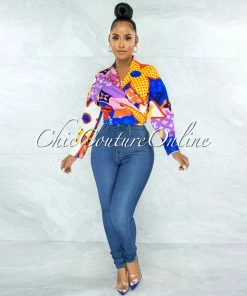 Vendor-unknown Santana Blue Red Yellow Print Front Tie Blouse