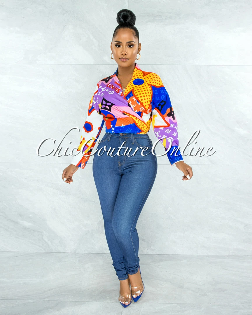 Vendor-unknown Santana Blue Red Yellow Print Front Tie Blouse