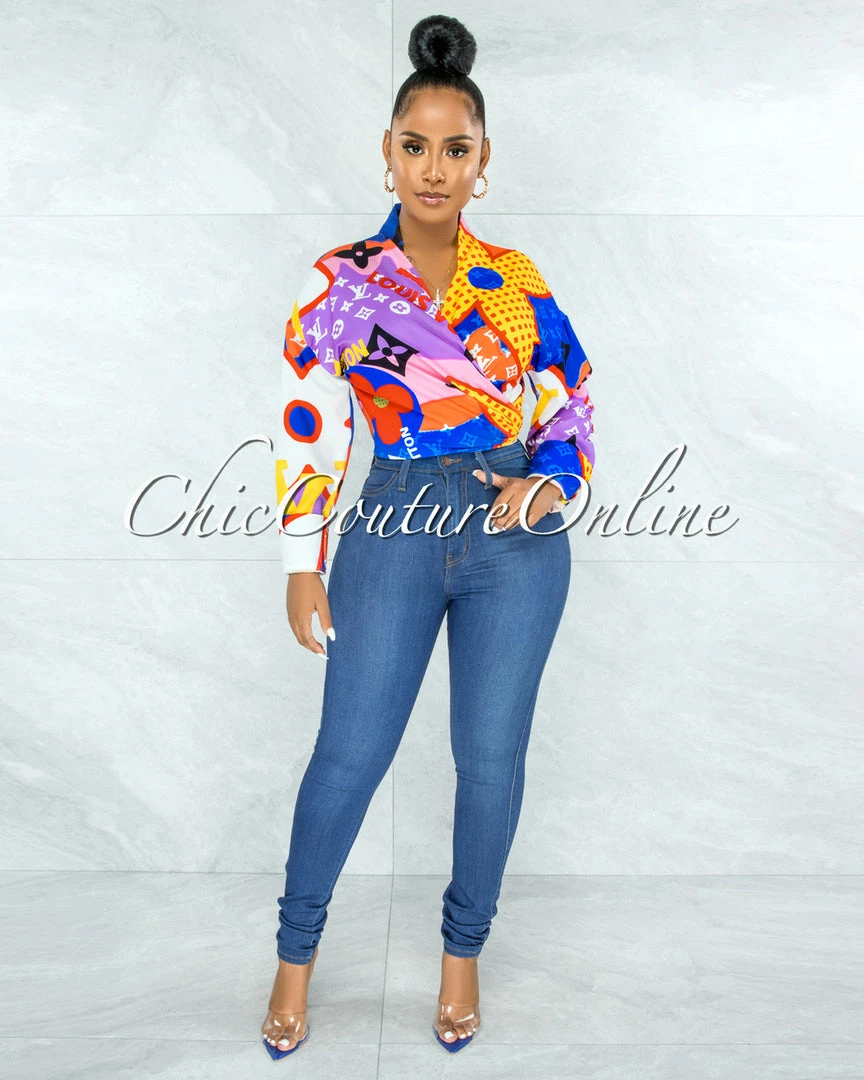 Vendor-unknown Santana Blue Red Yellow Print Front Tie Blouse