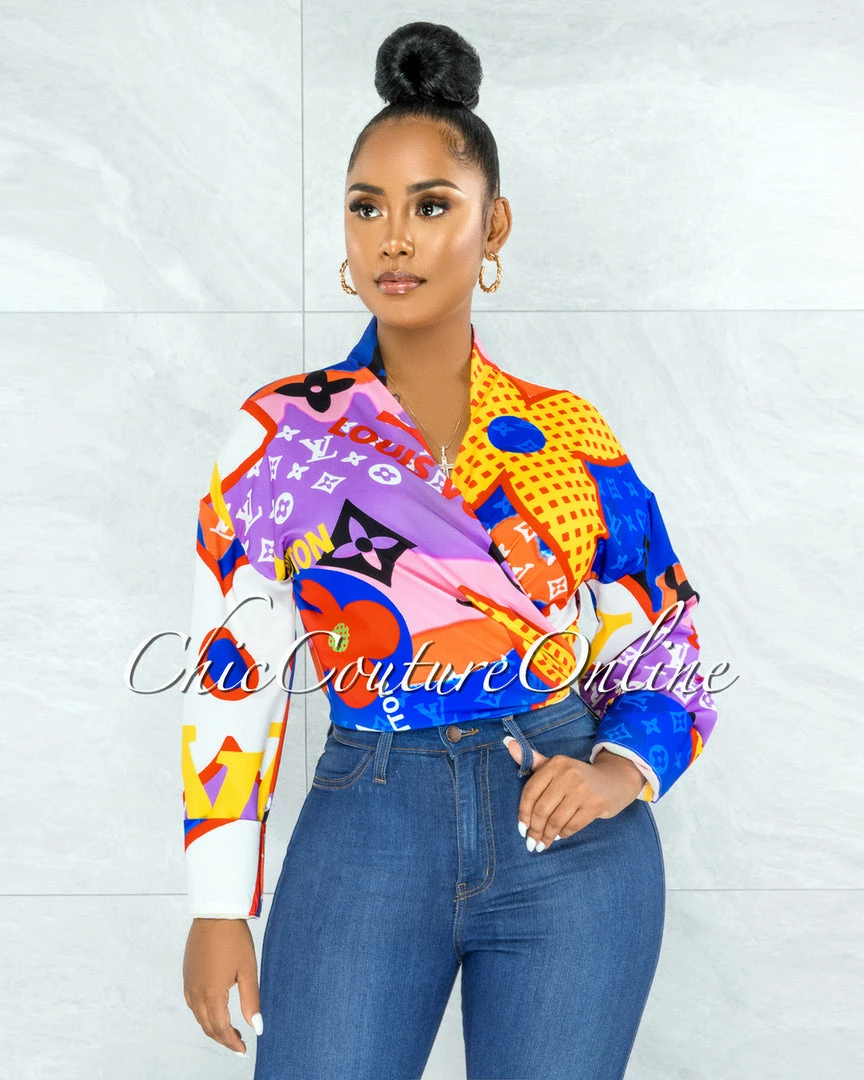 Vendor-unknown Santana Blue Red Yellow Print Front Tie Blouse