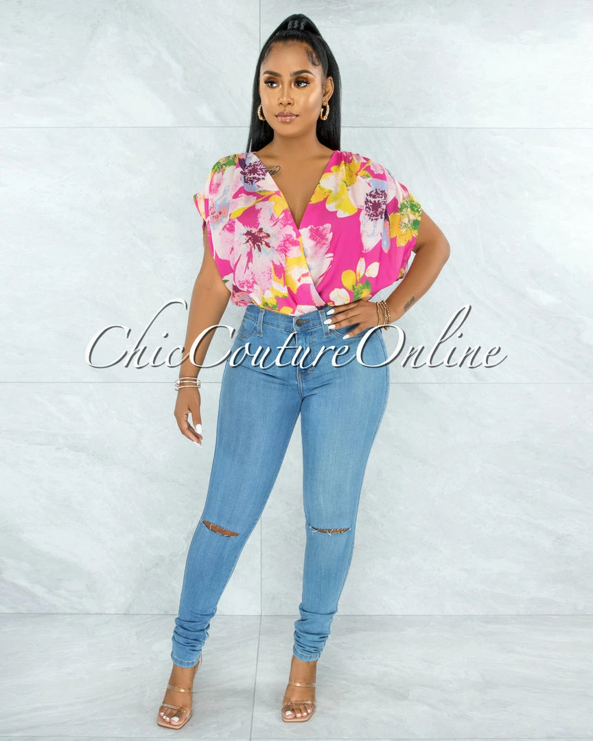 Vendor-unknown JUST IN Luan Pink Multi-Color Floral Print Ruched Sleeves Bodysuit