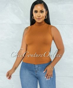 Vendor-unknown JUST IN Conrado Copper Ribbed Mock Neckline Top