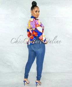 Vendor-unknown Santana Blue Red Yellow Print Front Tie Blouse