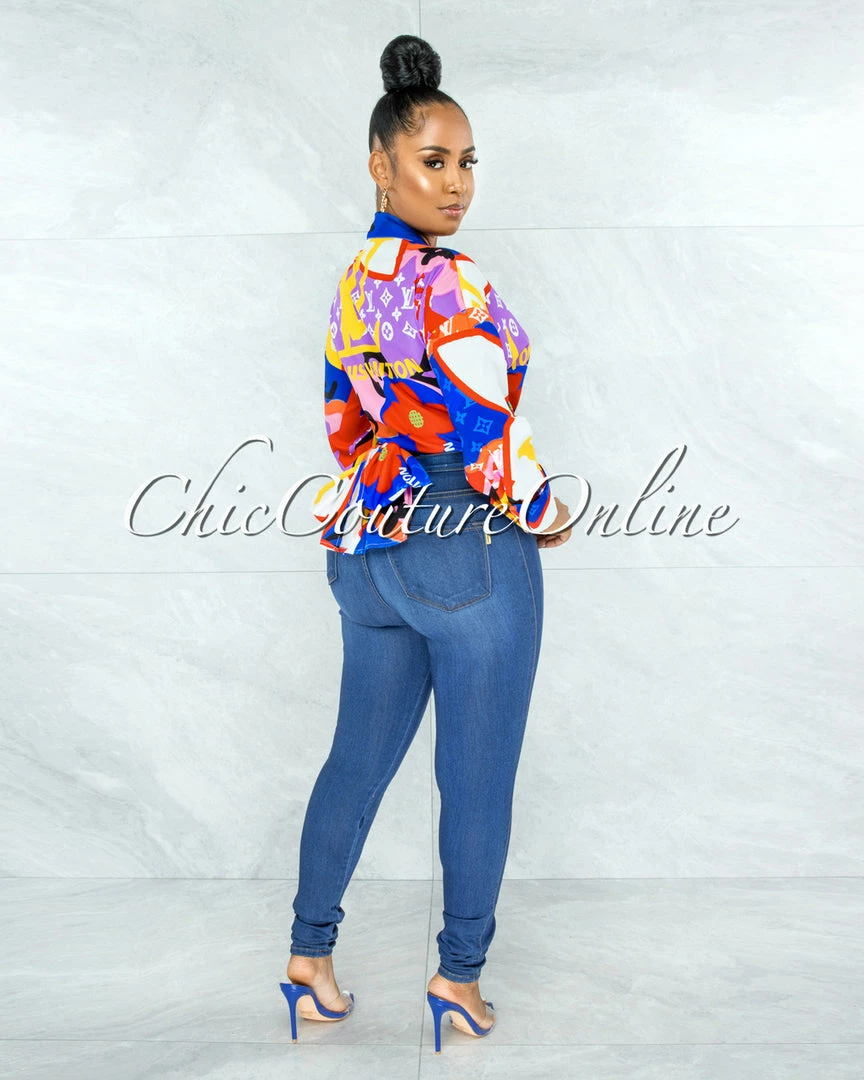 Vendor-unknown Santana Blue Red Yellow Print Front Tie Blouse