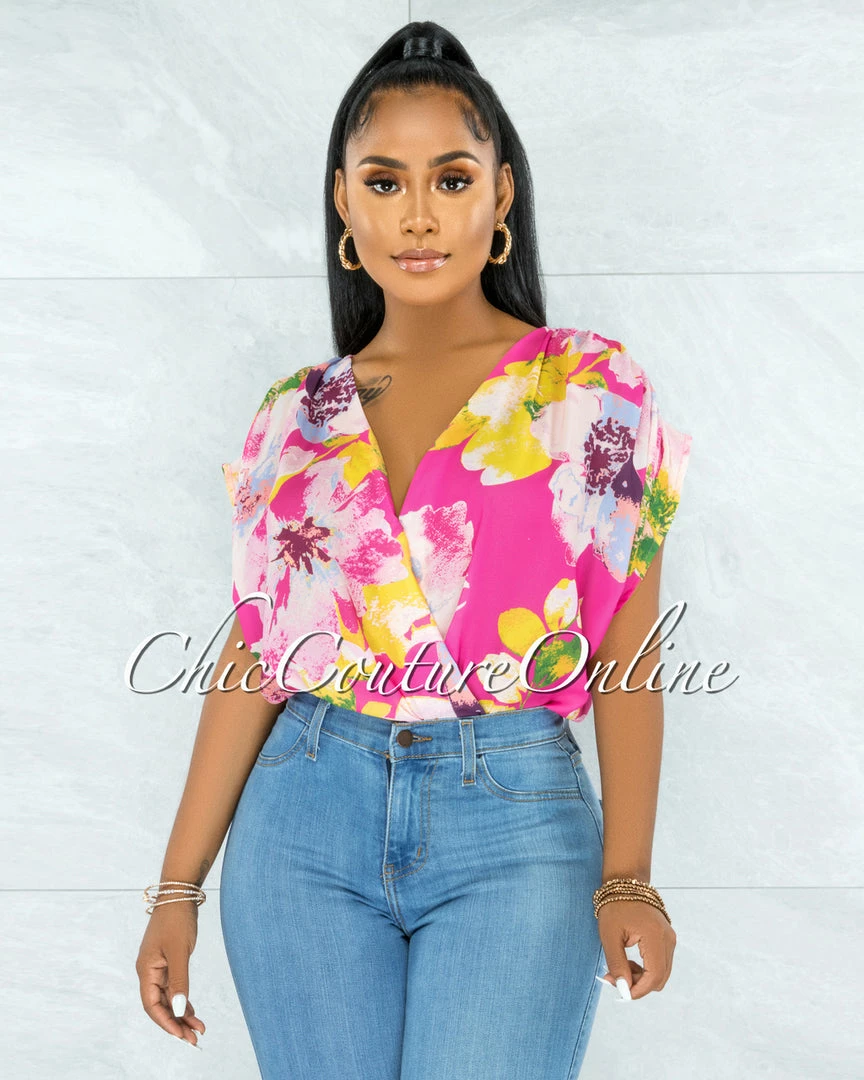 Vendor-unknown JUST IN Luan Pink Multi-Color Floral Print Ruched Sleeves Bodysuit