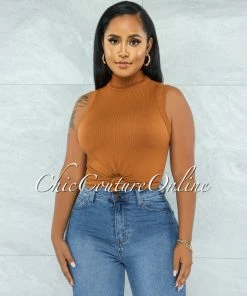 Vendor-unknown JUST IN Conrado Copper Ribbed Mock Neckline Top