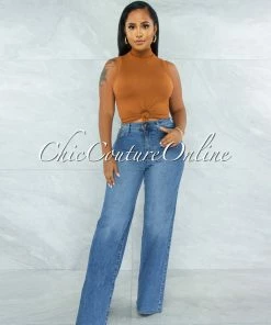 Vendor-unknown JUST IN Conrado Copper Ribbed Mock Neckline Top