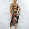 Vendor-unknown JUST IN Cordula Black Brown Palm Print Triple Bow Top Midi Dress