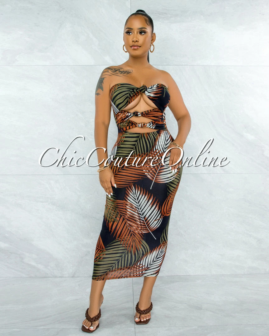 Vendor-unknown JUST IN Cordula Black Brown Palm Print Triple Bow Top Midi Dress