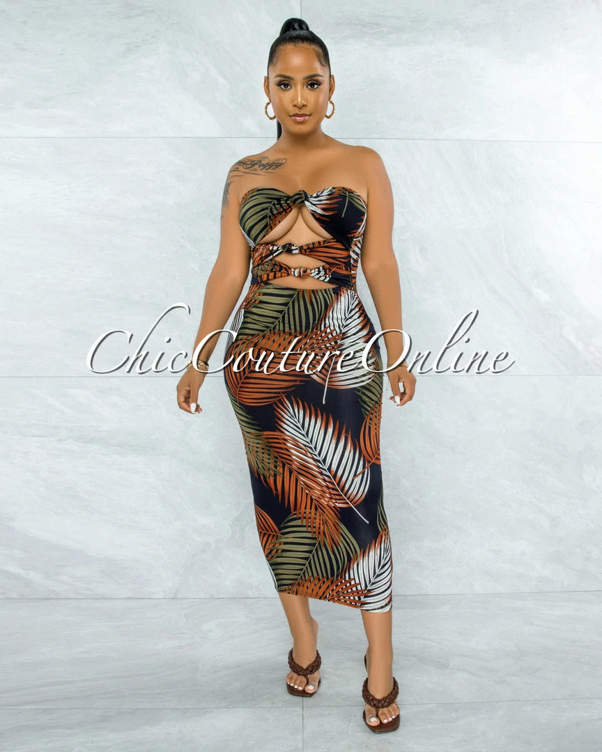 Vendor-unknown JUST IN Cordula Black Brown Palm Print Triple Bow Top Midi Dress
