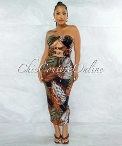 Vendor-unknown JUST IN Cordula Black Brown Palm Print Triple Bow Top Midi Dress