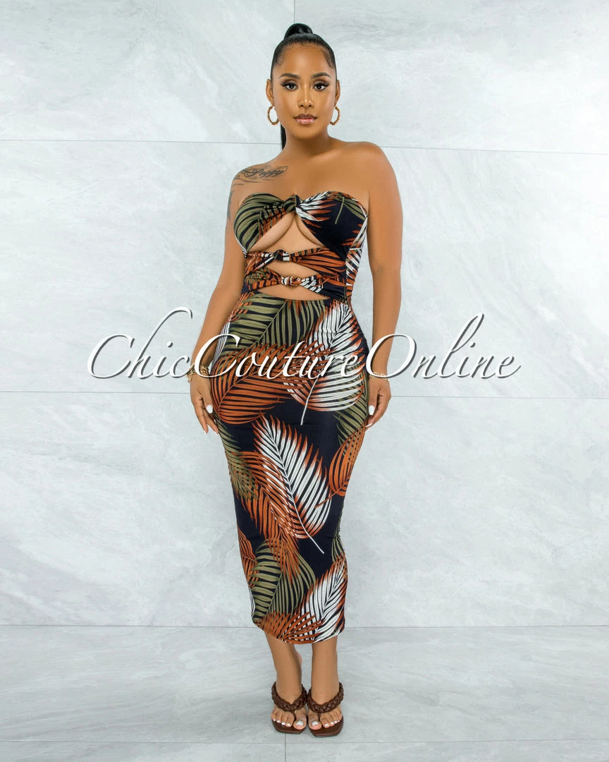 Vendor-unknown JUST IN Cordula Black Brown Palm Print Triple Bow Top Midi Dress