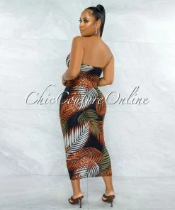 Vendor-unknown JUST IN Cordula Black Brown Palm Print Triple Bow Top Midi Dress