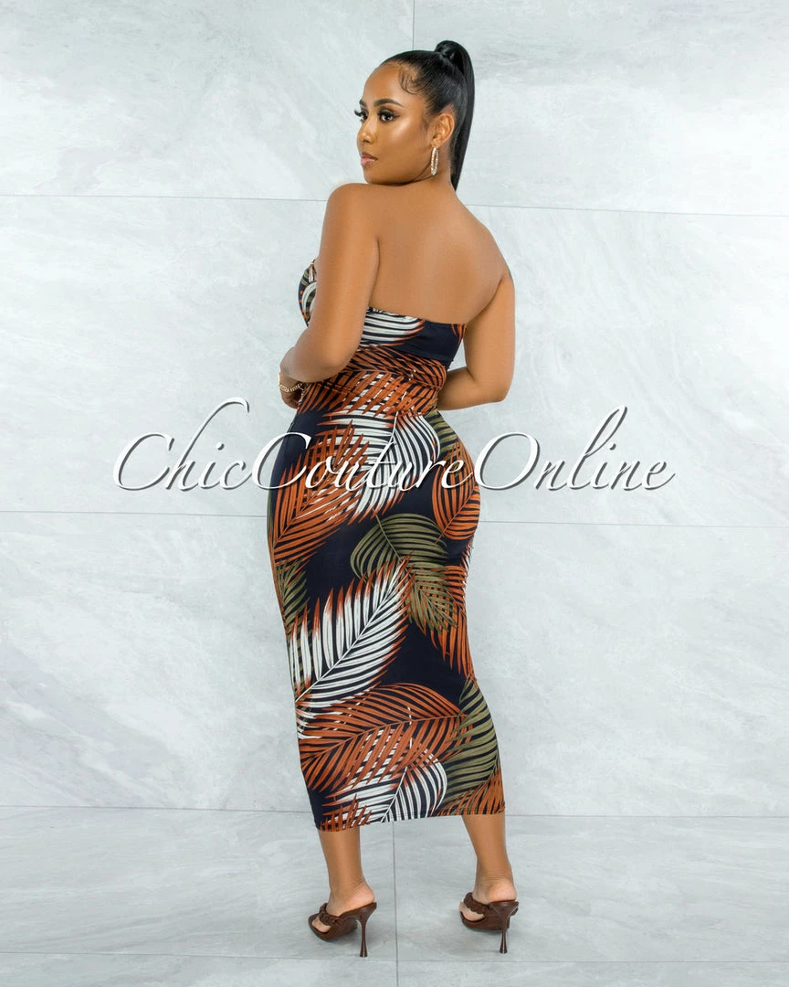 Vendor-unknown JUST IN Cordula Black Brown Palm Print Triple Bow Top Midi Dress