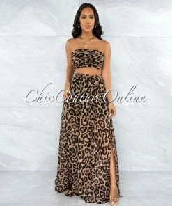 Vendor-unknown Ryba Brown Leopard Print Crop Top & Maxi Skirt Set