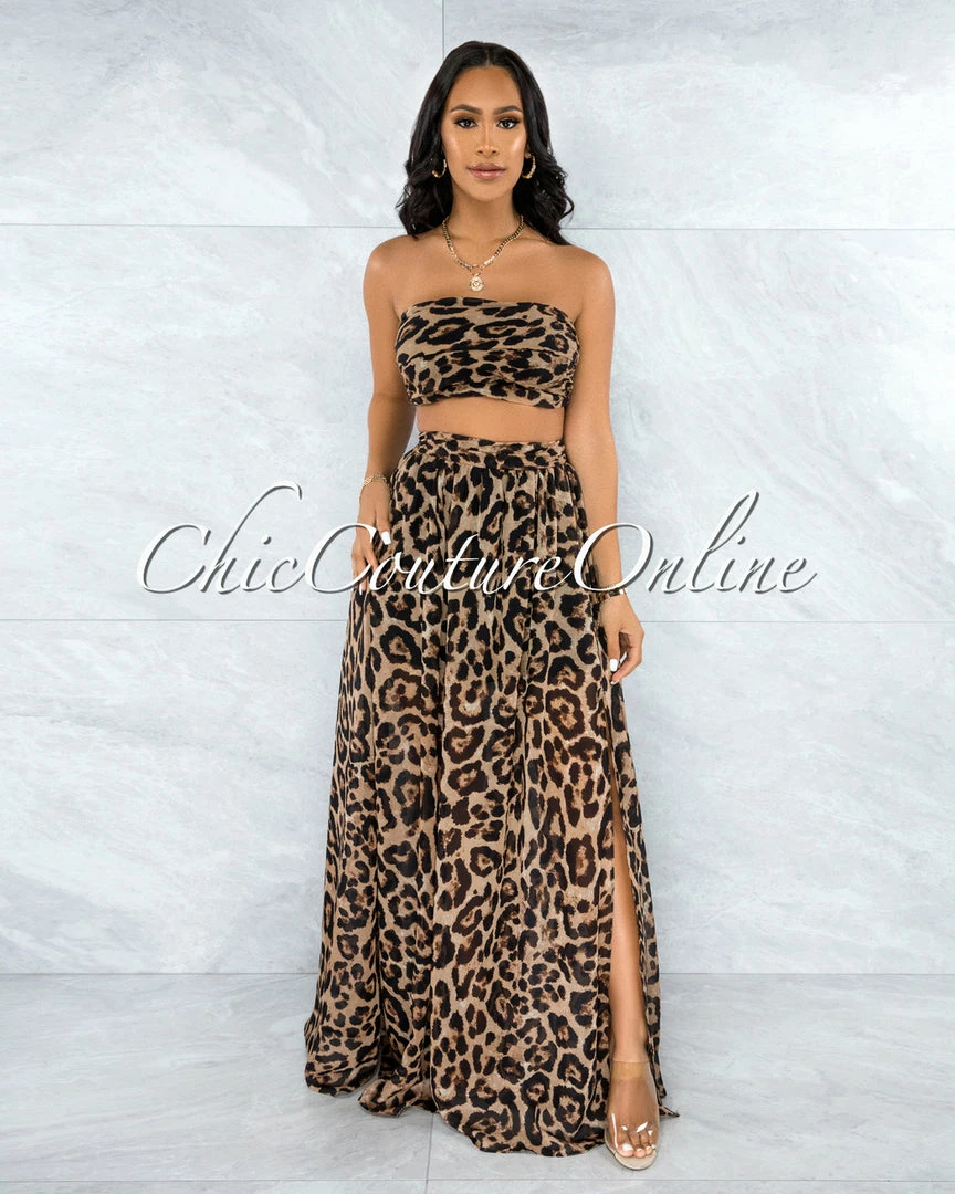 Vendor-unknown Ryba Brown Leopard Print Crop Top & Maxi Skirt Set