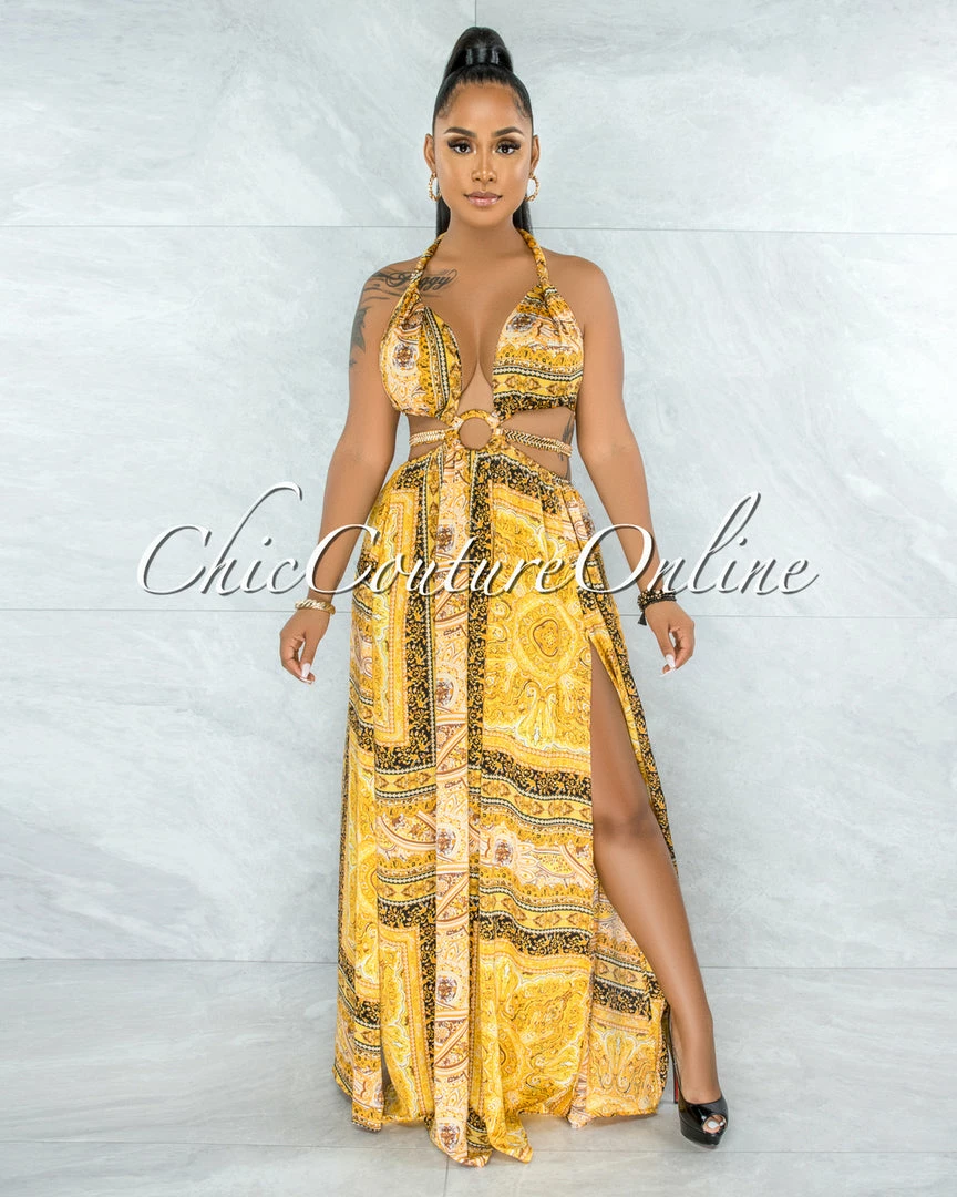 Vendor-unknown Idony Gold Black Print Cut-Out Sides Gold Link Dress JUST IN