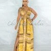 Vendor-unknown Idony Gold Black Print Cut-Out Sides Gold Link Dress JUST IN