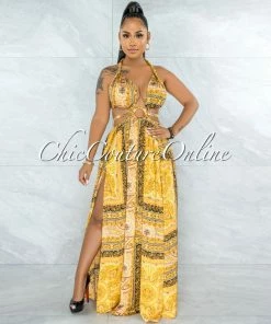 Vendor-unknown Idony Gold Black Print Cut-Out Sides Gold Link Dress JUST IN