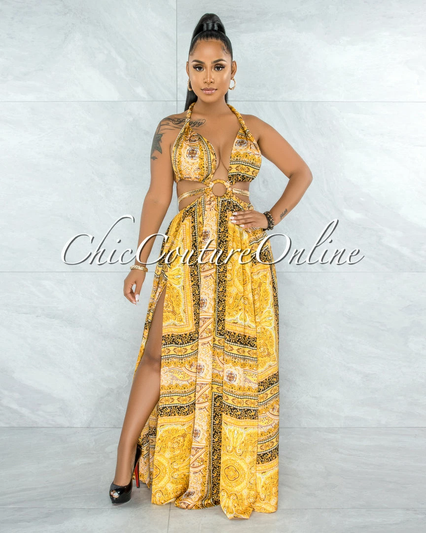 Vendor-unknown Idony Gold Black Print Cut-Out Sides Gold Link Dress JUST IN
