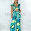 Chic Couture Online Domingo Yellow Green Leaf Ruffle Top & Wide Pants Set JUST IN