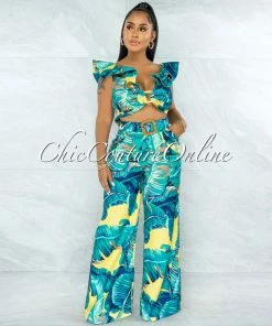 Chic Couture Online Domingo Yellow Green Leaf Ruffle Top & Wide Pants Set JUST IN