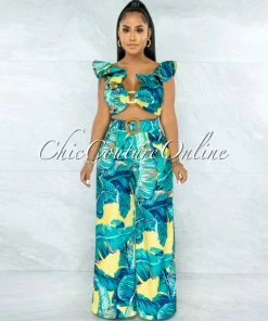 Chic Couture Online Domingo Yellow Green Leaf Ruffle Top & Wide Pants Set JUST IN