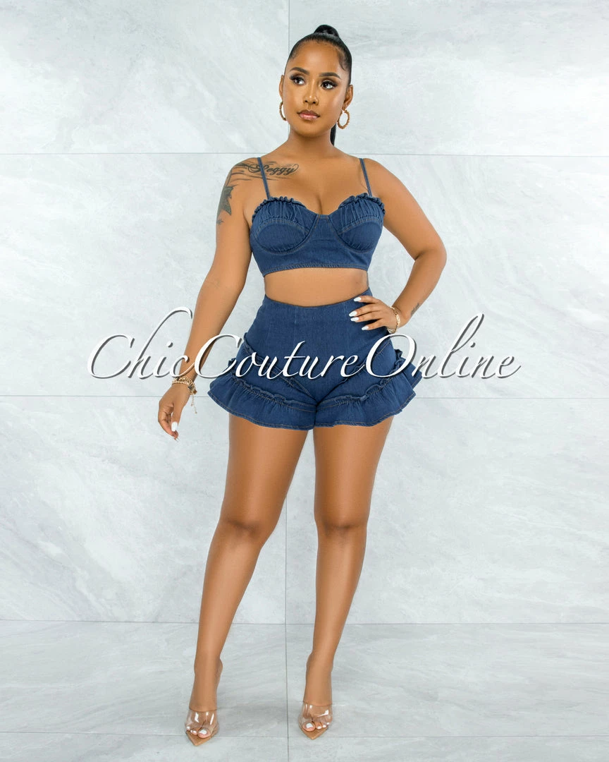 Vendor-unknown JUST IN Aspen Dark Denim Crop Top & Ruffle Shorts Set