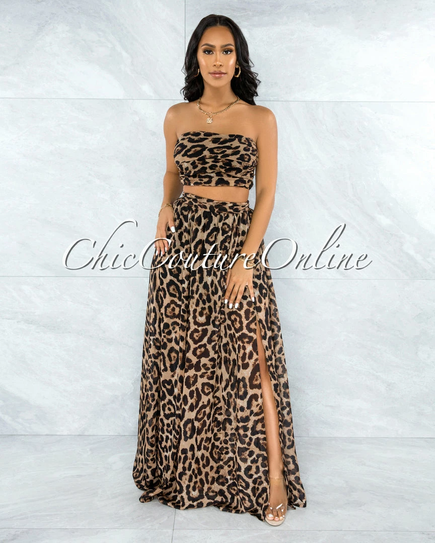 Vendor-unknown Ryba Brown Leopard Print Crop Top & Maxi Skirt Set