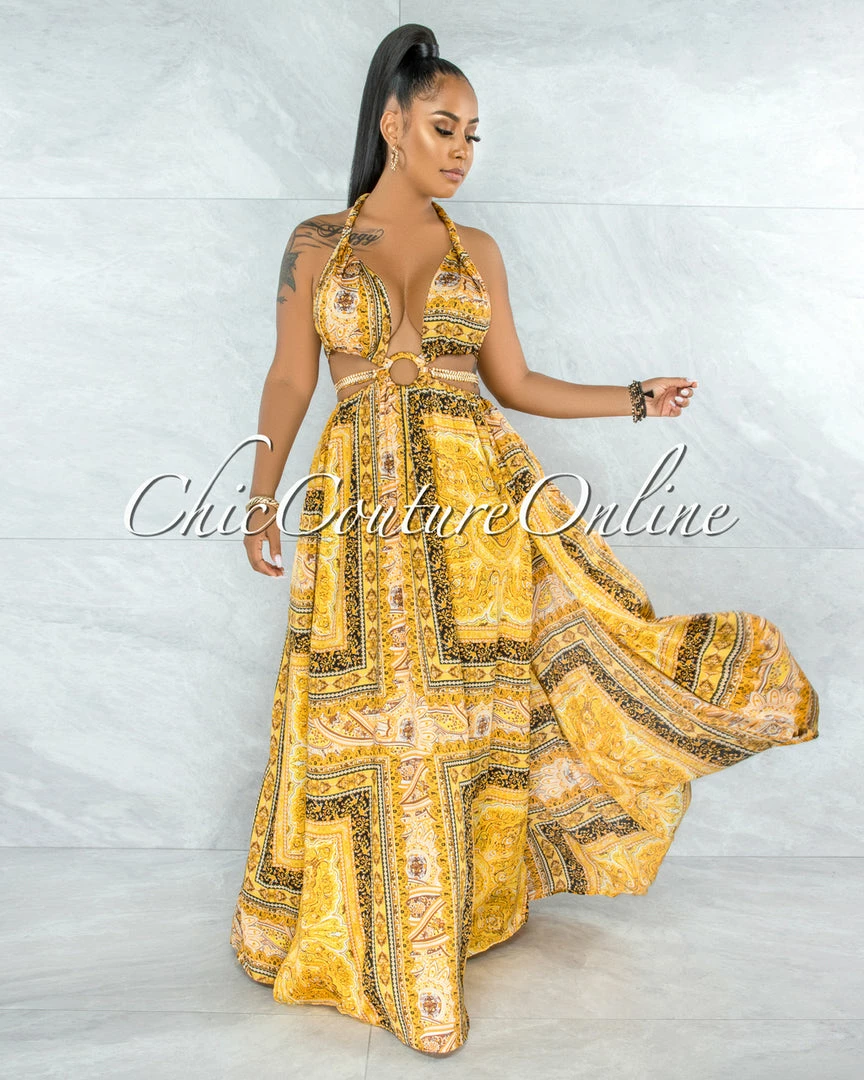 Vendor-unknown Idony Gold Black Print Cut-Out Sides Gold Link Dress JUST IN