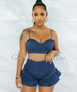 Vendor-unknown JUST IN Aspen Dark Denim Crop Top & Ruffle Shorts Set