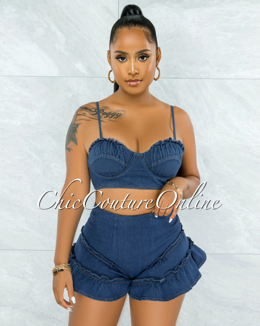 Vendor-unknown JUST IN Aspen Dark Denim Crop Top & Ruffle Shorts Set