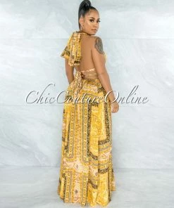 Vendor-unknown Idony Gold Black Print Cut-Out Sides Gold Link Dress JUST IN