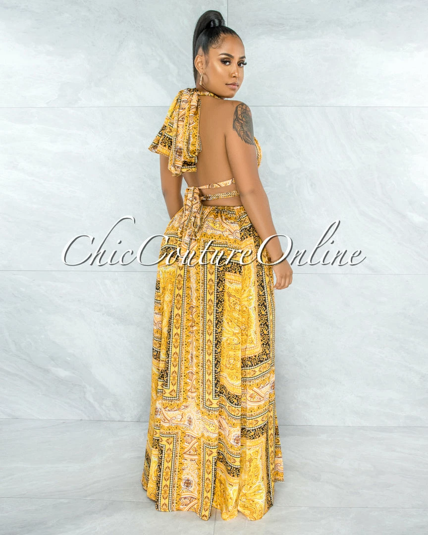 Vendor-unknown Idony Gold Black Print Cut-Out Sides Gold Link Dress JUST IN