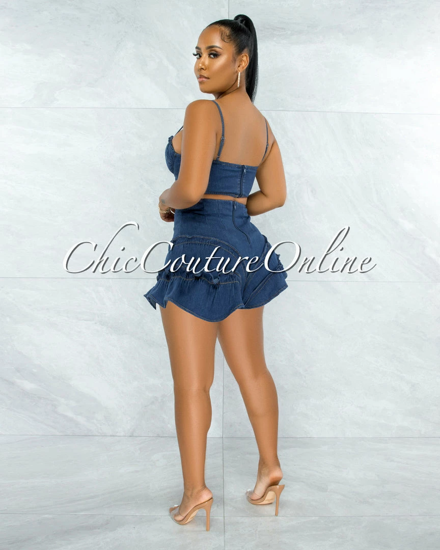 Vendor-unknown JUST IN Aspen Dark Denim Crop Top & Ruffle Shorts Set